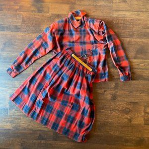 Vintage 1980s Prophecy Blue & Red Tartan Plaid Long Sleeve Midi Two Piece Set
